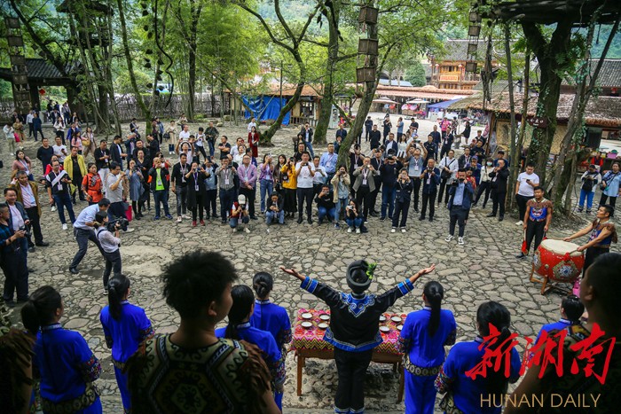 考察人员感受土家族拦门酒魅力 考察人员感受土家族拦门酒魅力