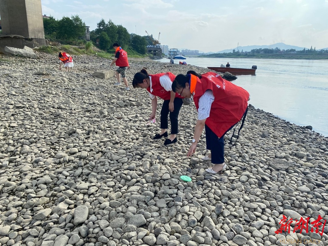 志愿者正在资江河边清理河床垃圾。高葵花 摄