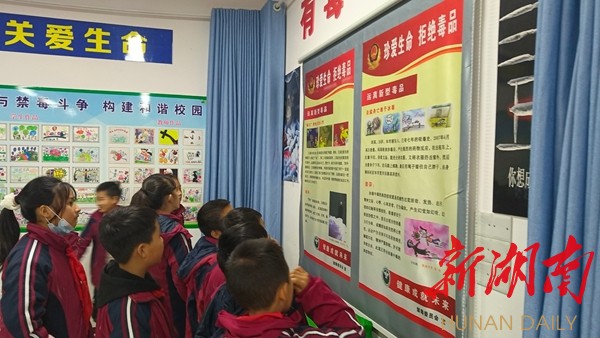 学生观看禁毒宣传栏