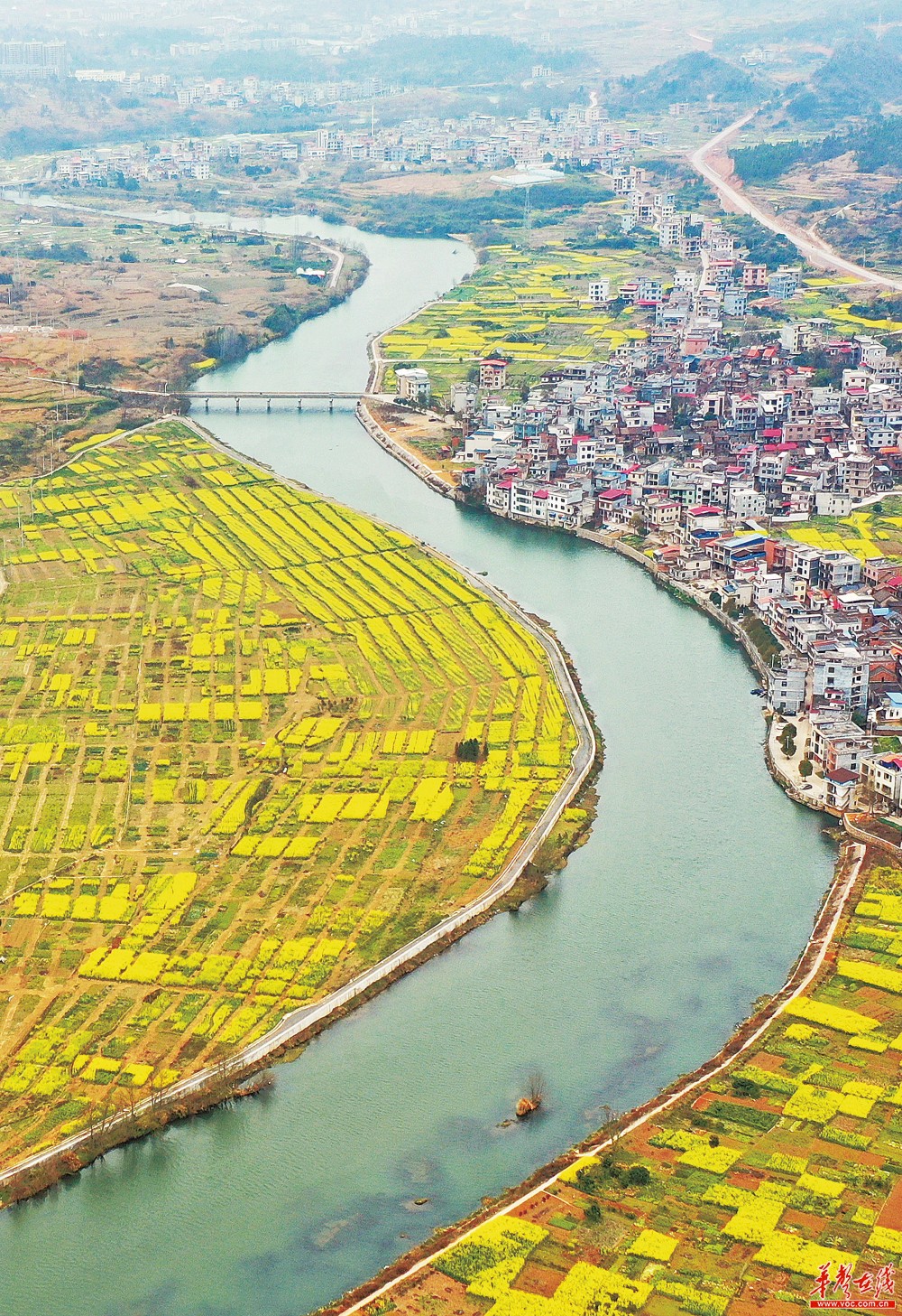 2月21日,嘉禾县钟水河畔,金黄的油菜花与村庄,河流,道路,远山交相辉映