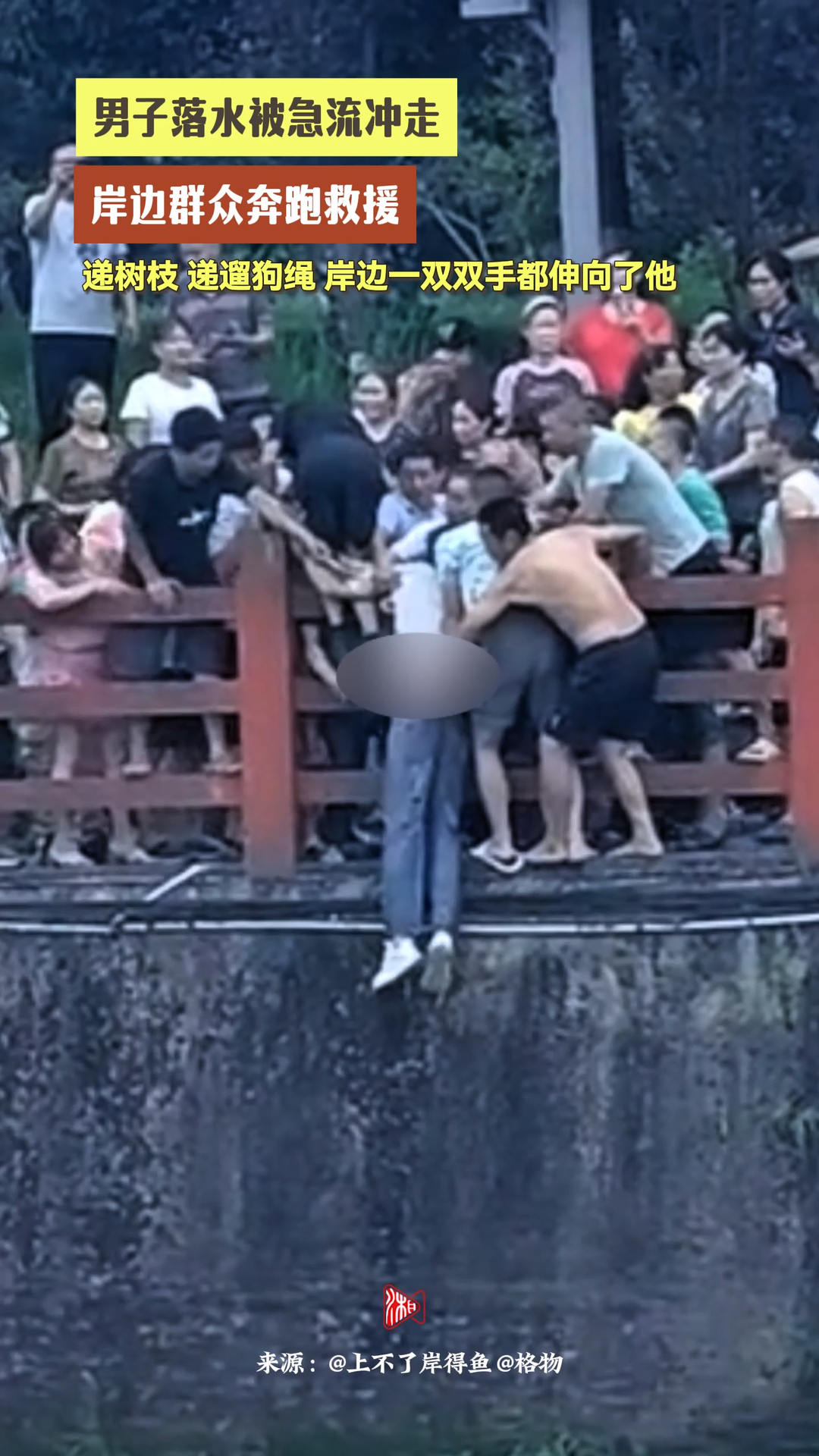 男子落水被急流从冲走，岸边一双双手都伸向了他！