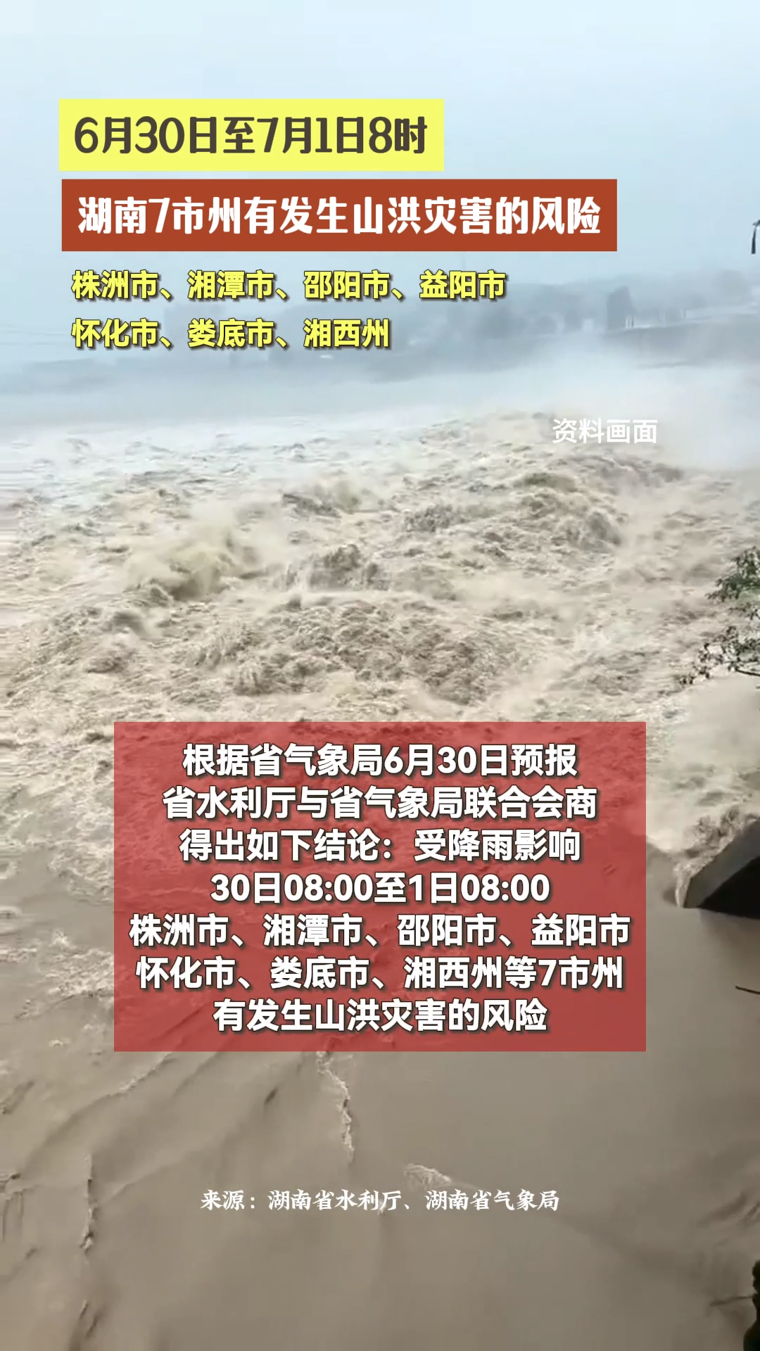 6月30日至7月1日8时，湖南7市州有发生山洪灾害的风险！