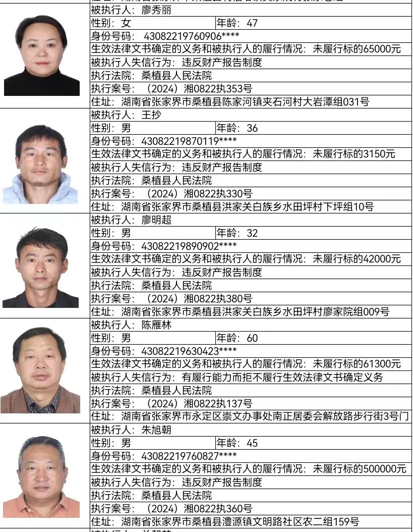 张家界市中级人民法院发布2024年第三期失信被执行人名单