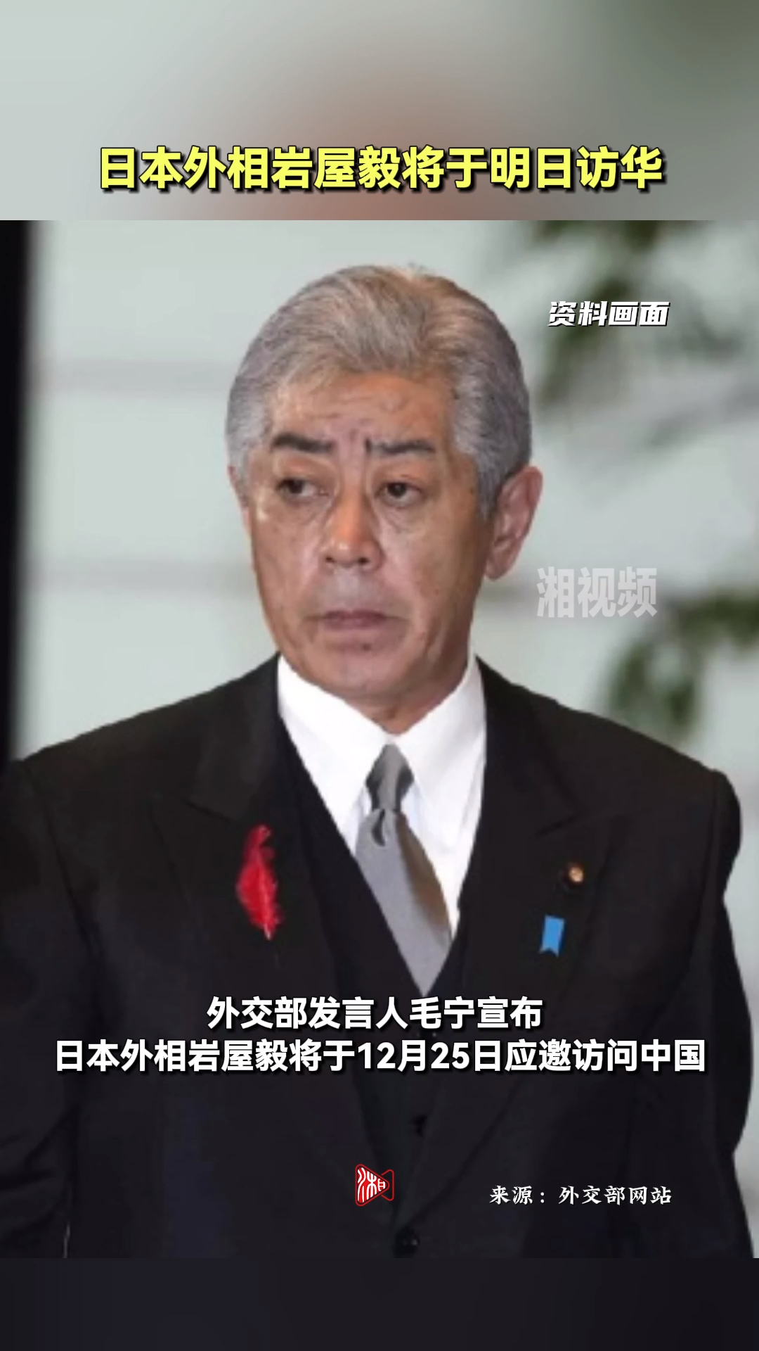 日本外相岩屋毅将于明日访华