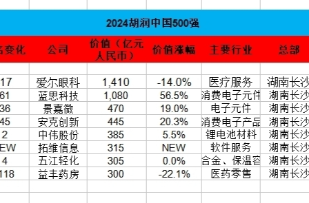 2024胡潤中國500強出爐，湖南8家企業(yè)上榜