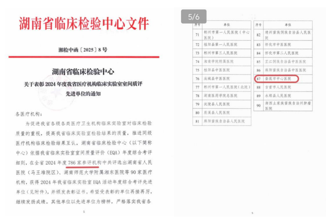 婁底市中心醫(yī)院獲評(píng)全省2024年度醫(yī)療機(jī)構(gòu)臨床檢驗(yàn)室間質(zhì)評(píng)先進(jìn)單位