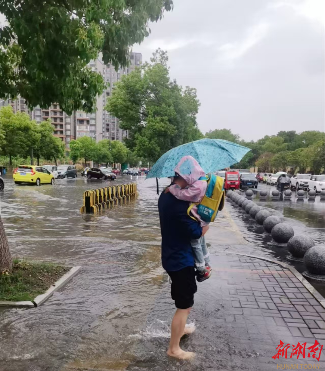 暴雨中暖心一幕：南县城管涉水抱娃上学，守护城市安全卫生