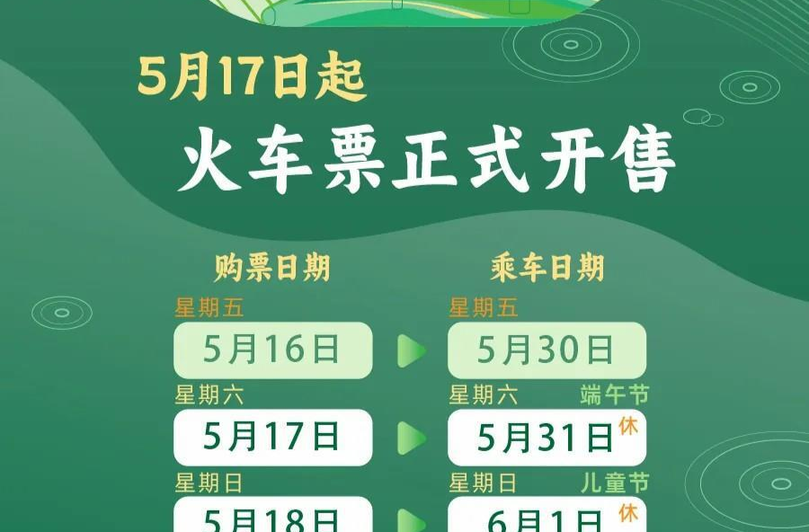今日可购买5月29日火车票 端午假期购票日历请收好
