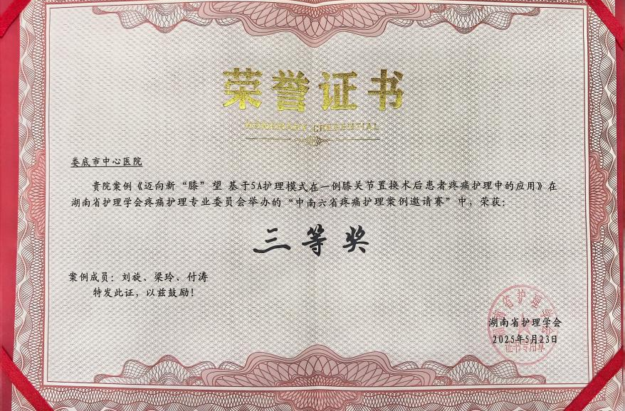娄底市中心医院获中南六省疼痛护理案例大赛三等奖