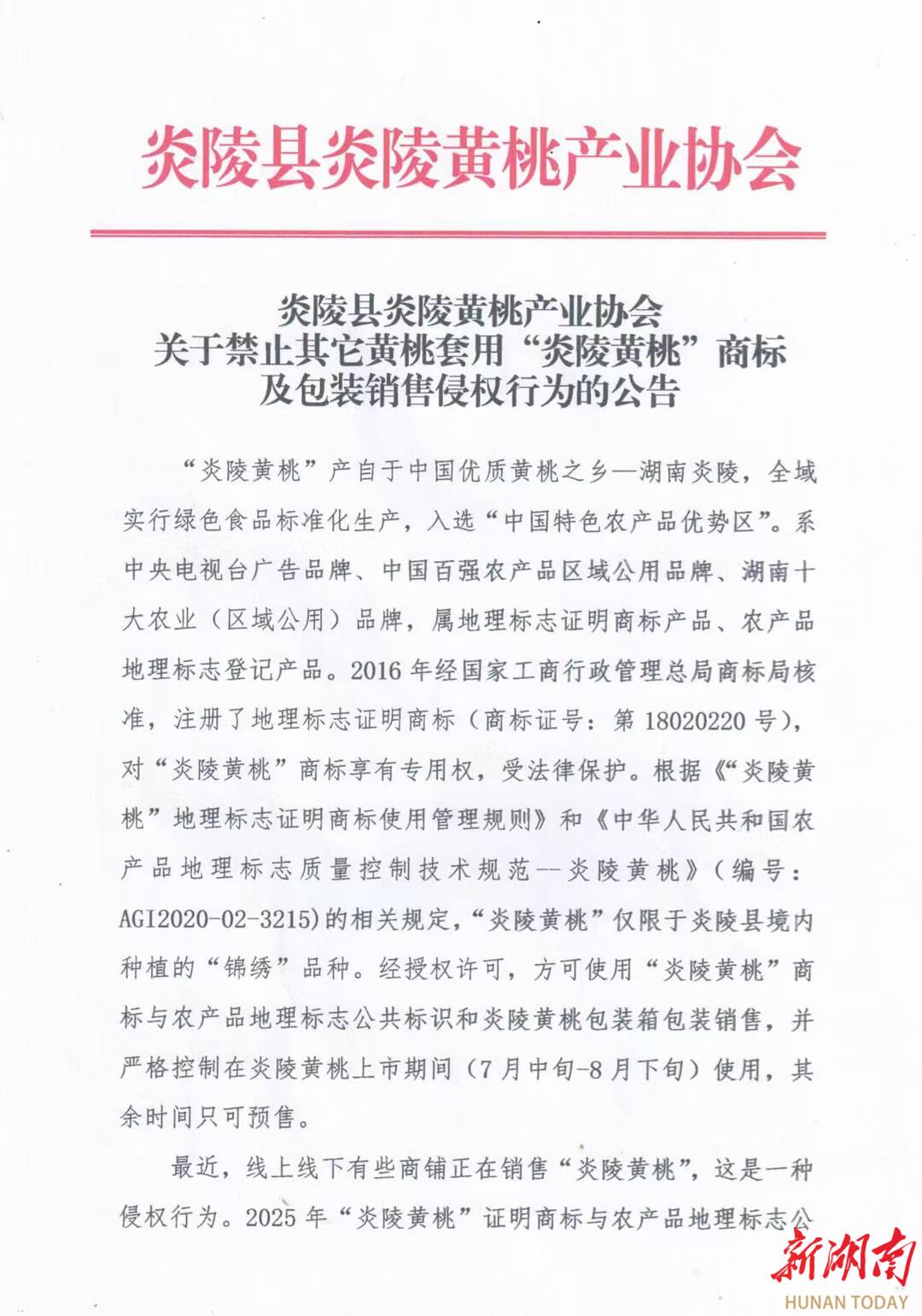 炎陵黄桃产业协会发布公告：非炎陵产区、非上市期使用商标包装均属侵权