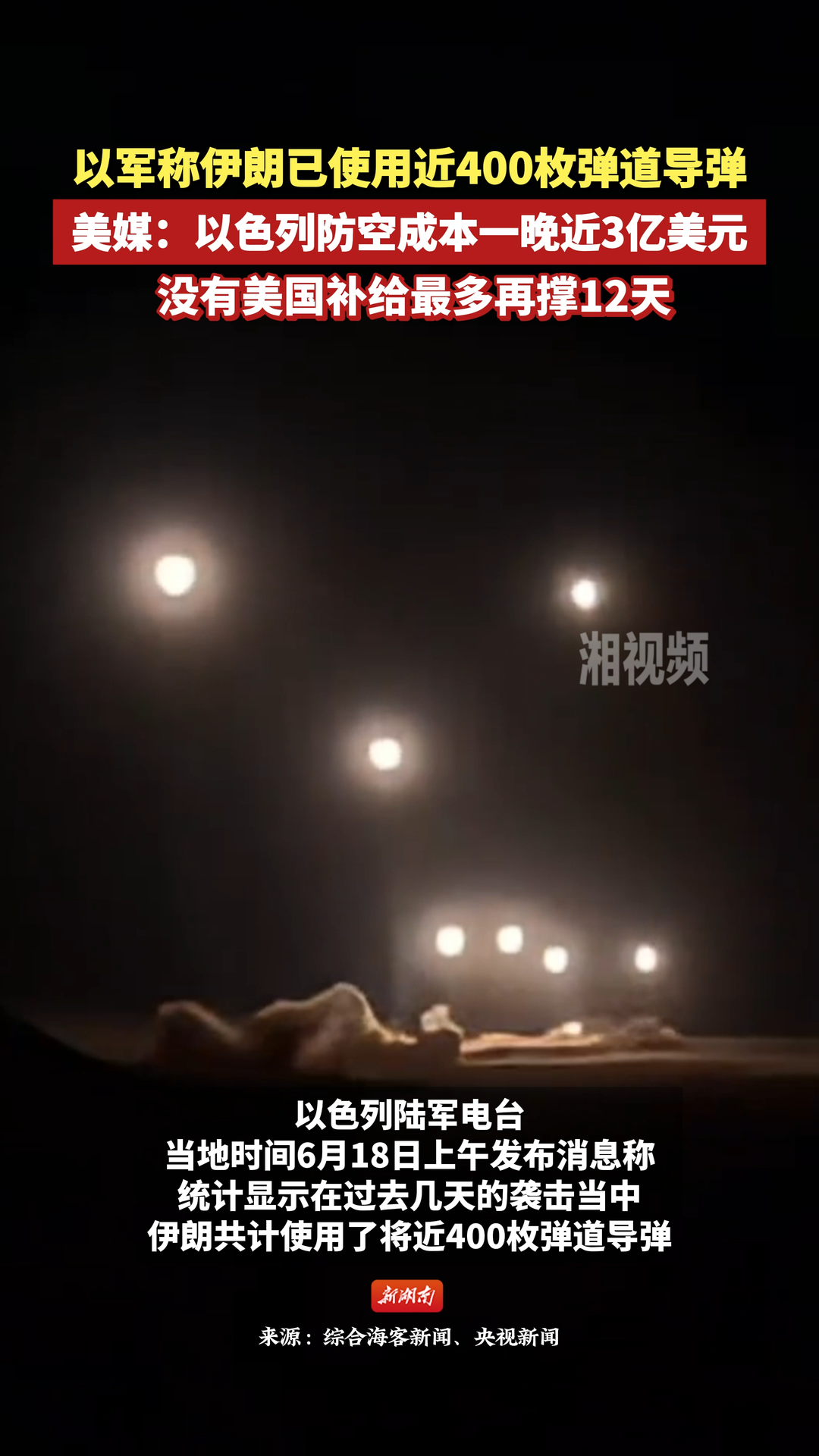 美媒：以色列防空成本一晚近3億美元，沒有美國補給最多再撐12天