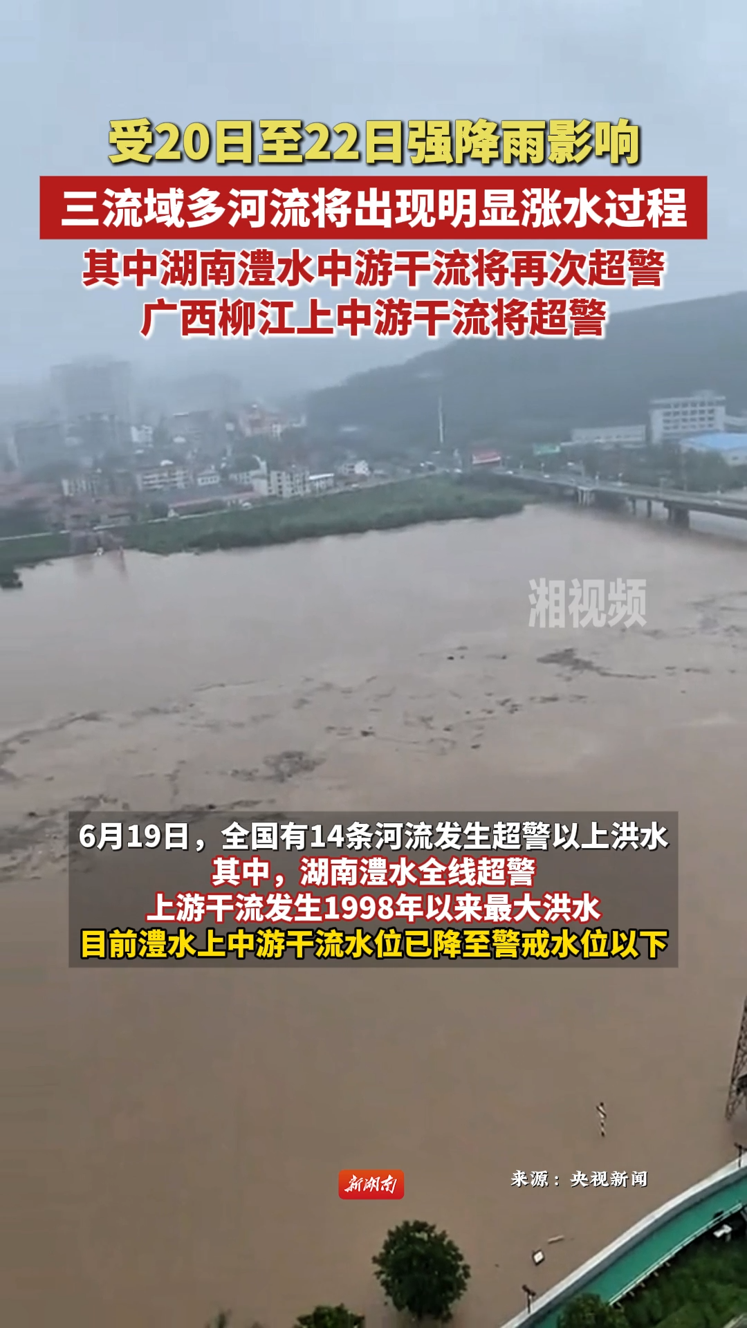 受20日至22日強降雨影響，三流域多河流將漲水，湖南澧水中游干流將再次超警
