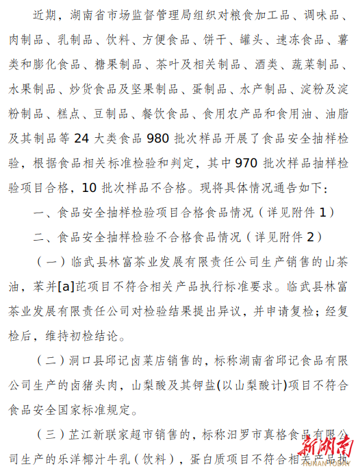 湖南公布一批次食品抽样不合格名单，涉及猪头肉、柑橘、鲤鱼等