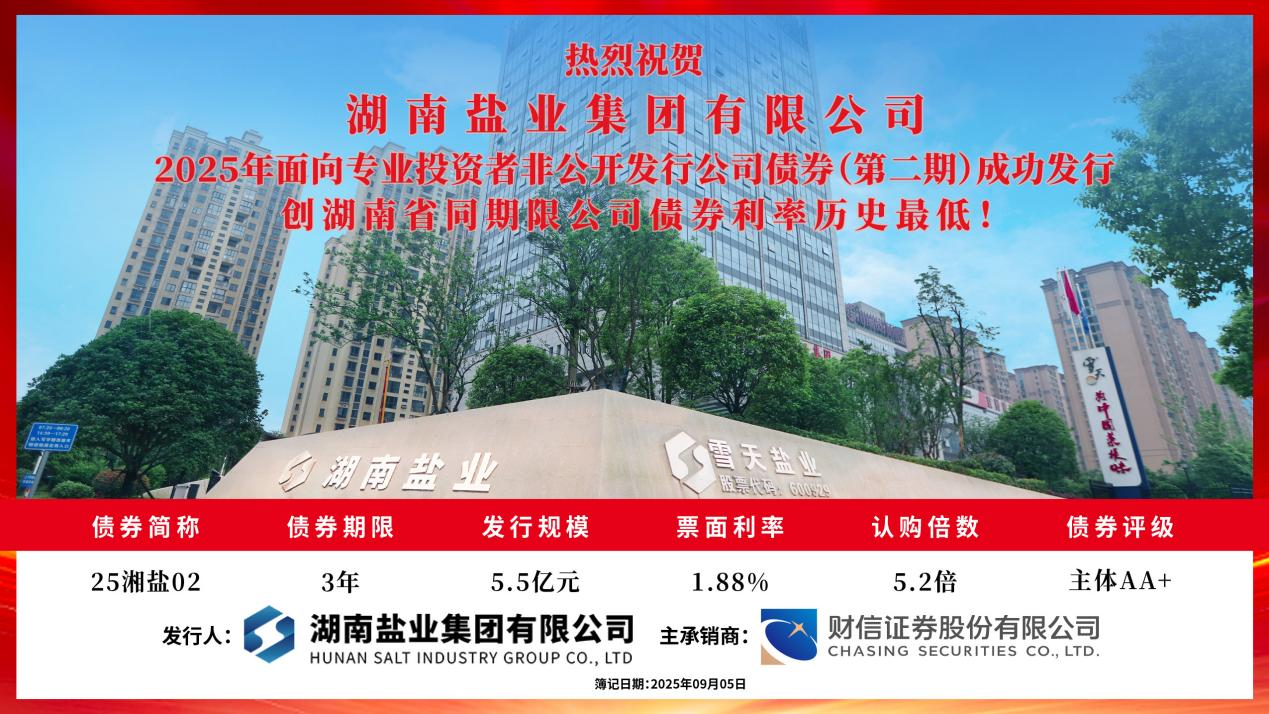 創(chuàng)湖南同期限利率新低！湖南鹽業(yè)發(fā)行5.5億公司債券