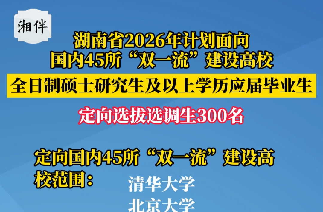 湖南省2026年計(jì)劃面向國(guó)內(nèi)45所“雙一流”建設(shè)高校,全日制碩士研究生及以上學(xué)歷應(yīng)屆畢業(yè)生,定向選拔選調(diào)生300名