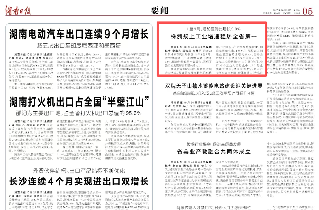 湖南日报要闻|1至9月，增加值同比增长9.8% 株洲规上工业增速稳居全省第一