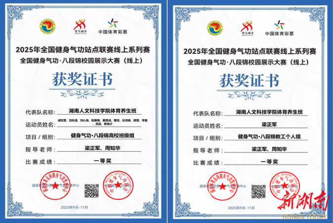 湖南人文科技学院荣获全国健身气功八段锦大赛一等奖