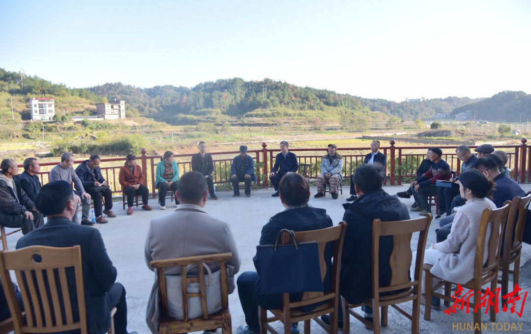 严华在隆回县桃花坪街道木梁村宣讲党的二十届四中全会精神