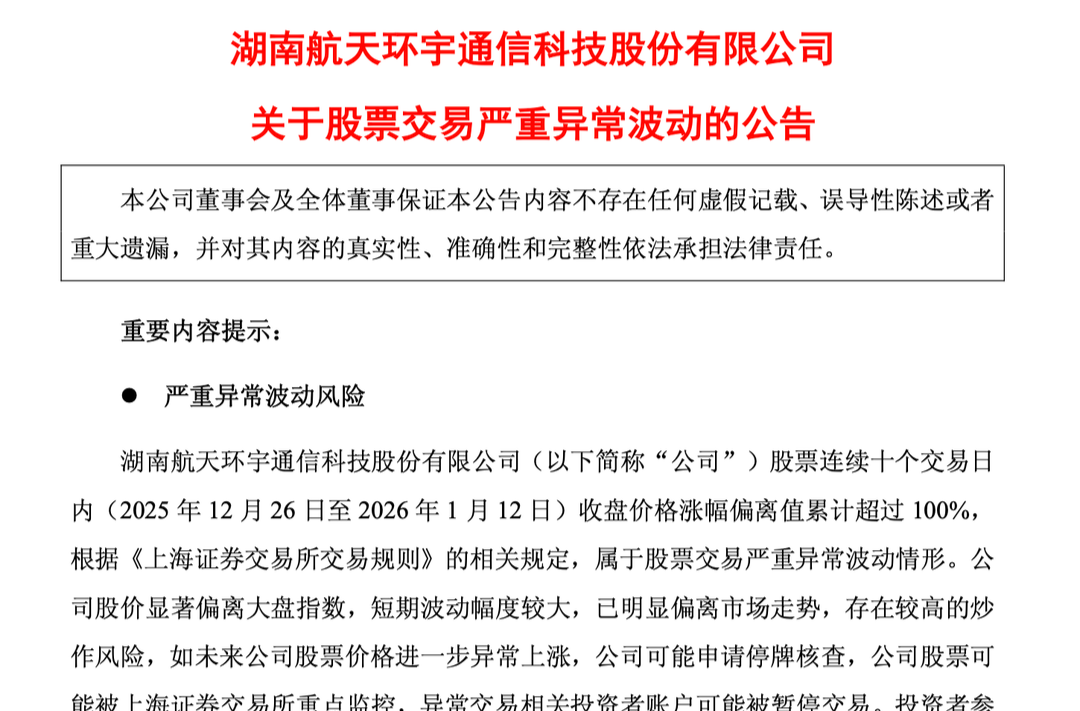 航天环宇、邵阳液压1月12日晚间发布异动公告