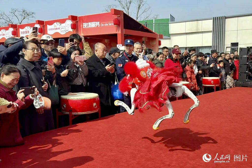 2026年2月18日，武汉龟山电视塔新春科技庙会上，游客观看机器狗舞狮表演。人民网记者 张沛摄