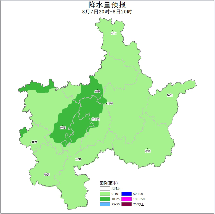 7日20时至8日20时郴州市累计降雨量预报图 7日20时至8日20时郴州市累计降雨量预报图