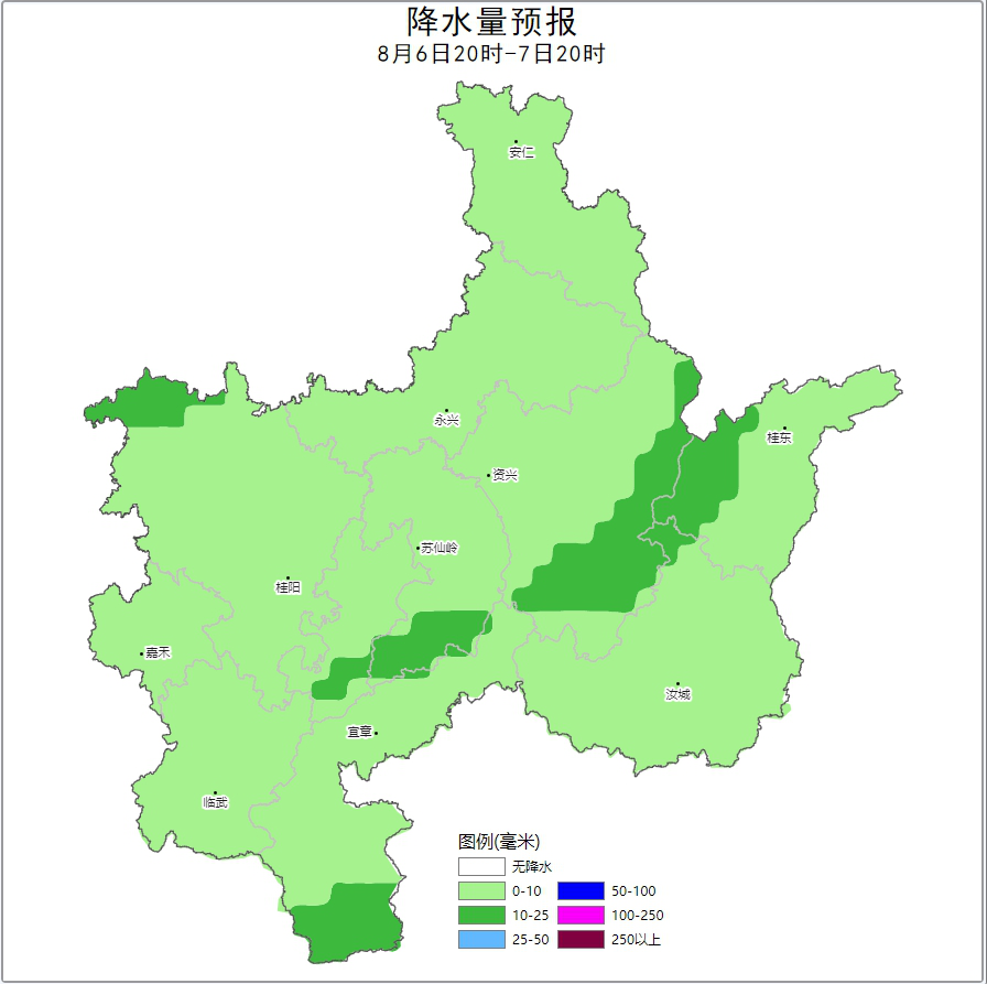 6日20时至7日20时郴州市累计降雨量预报图 6日20时至7日20时郴州市累计降雨量预报图