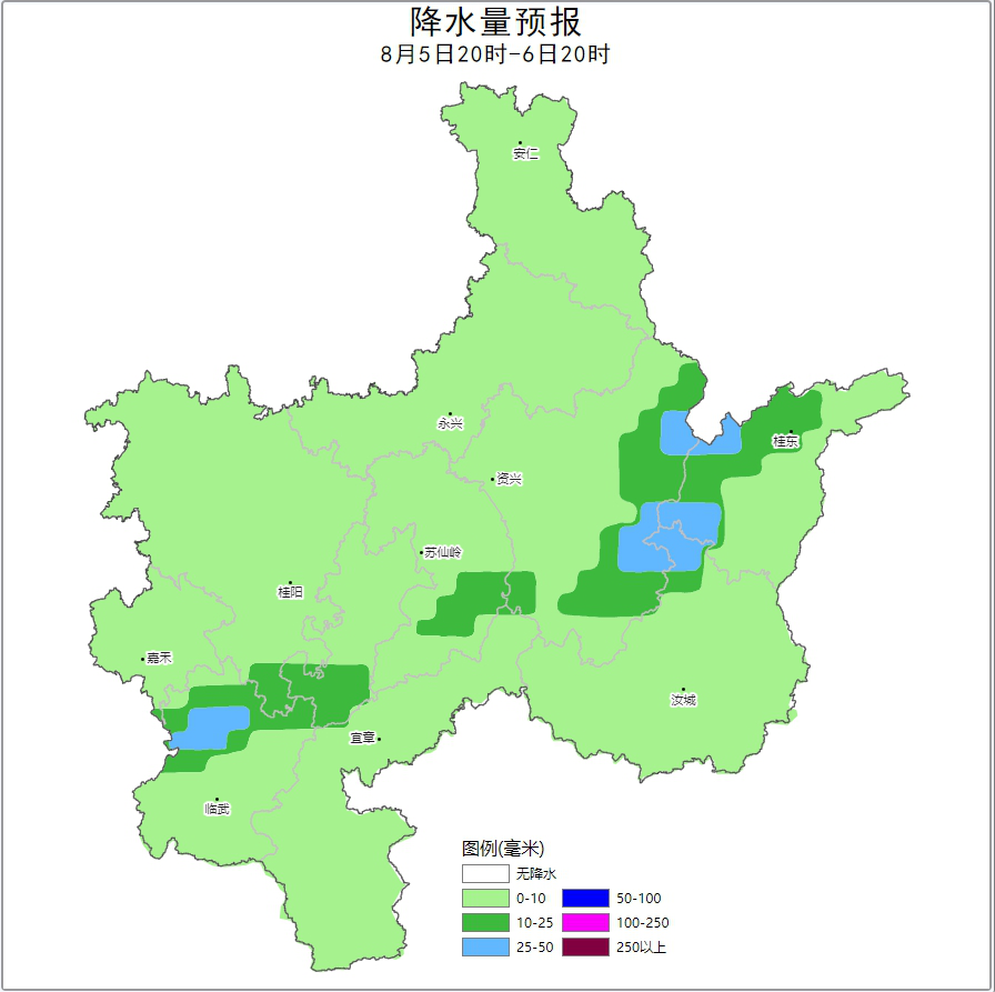5日20时至6日20时郴州市累计降雨量预报图 5日20时至6日20时郴州市累计降雨量预报图