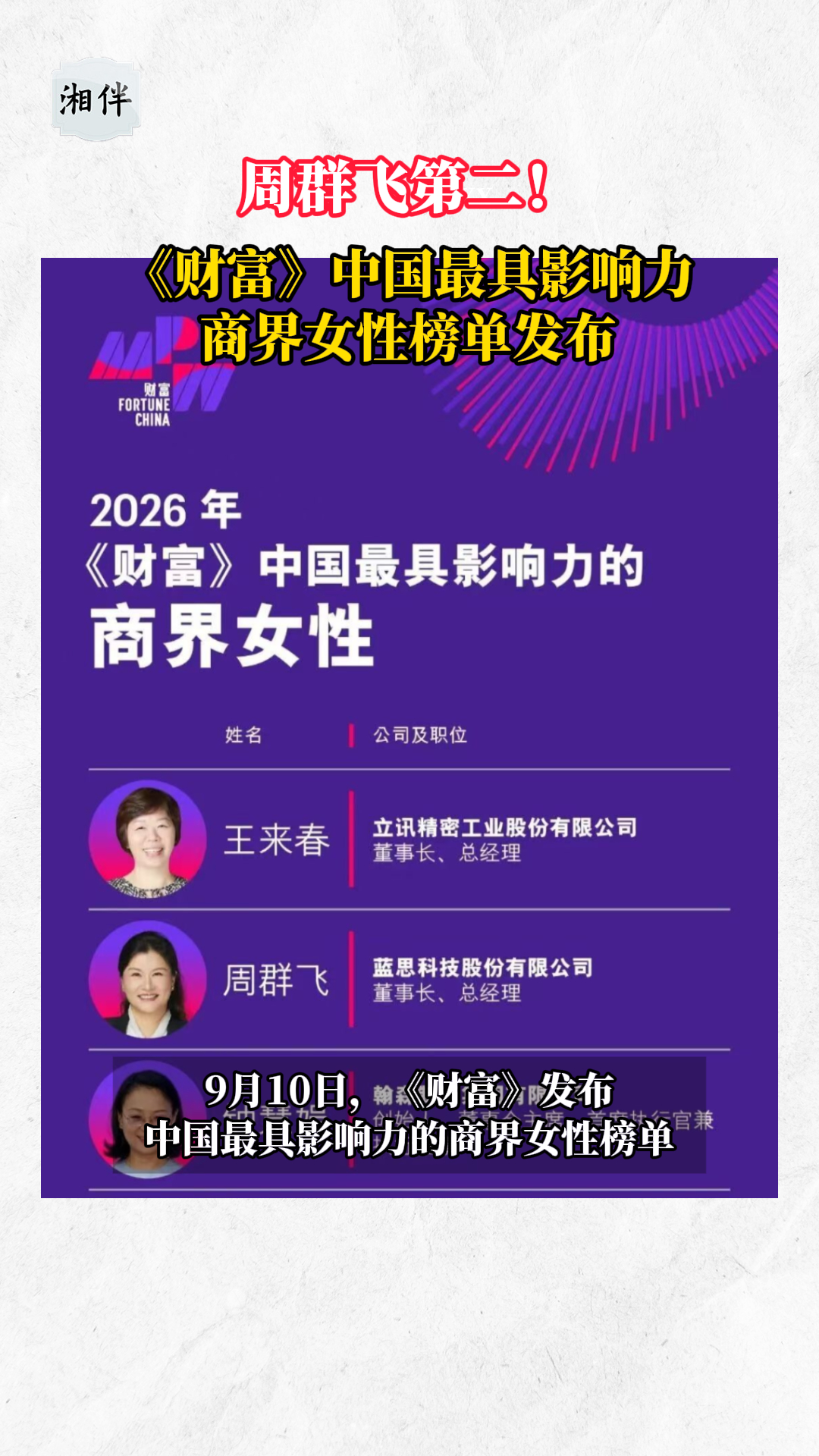 湘伴丨周群飞第二！2026《财富》中国最具影响力商界女性榜单发布- 华声在线