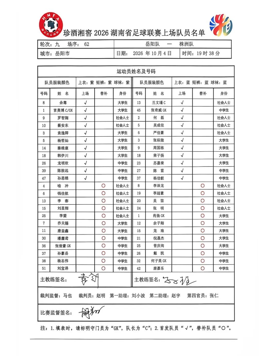 株洲VS岳阳，首发名单公布！