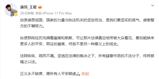 演员王星:感恩祖国,感谢警方的不懈努力