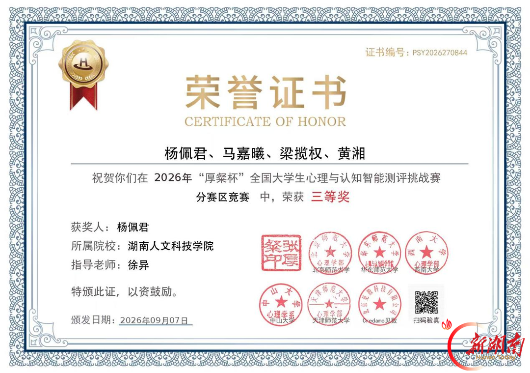 湖南人文科技学院在“厚粲杯”全国大学生心理与认知智能测评挑战赛中荣获佳绩