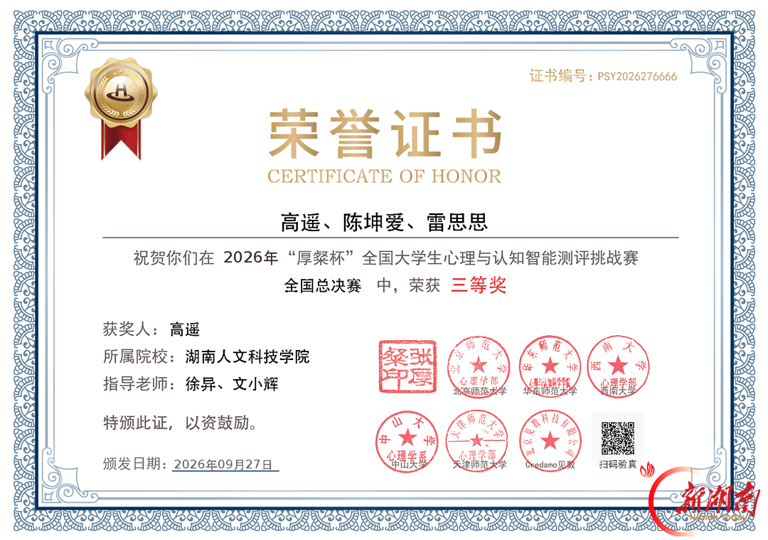 湖南人文科技学院在“厚粲杯”全国大学生心理与认知智能测评挑战赛中荣获佳绩