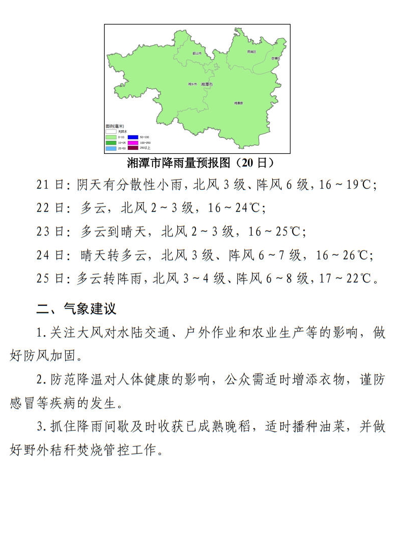 湘潭未来一周降雨偏少 有两次降温天气过程