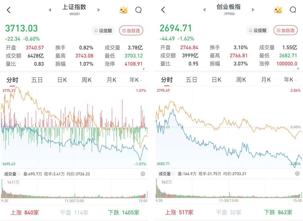 沪指跌0.6%守住3700点，创指跌1.62%失守2700点