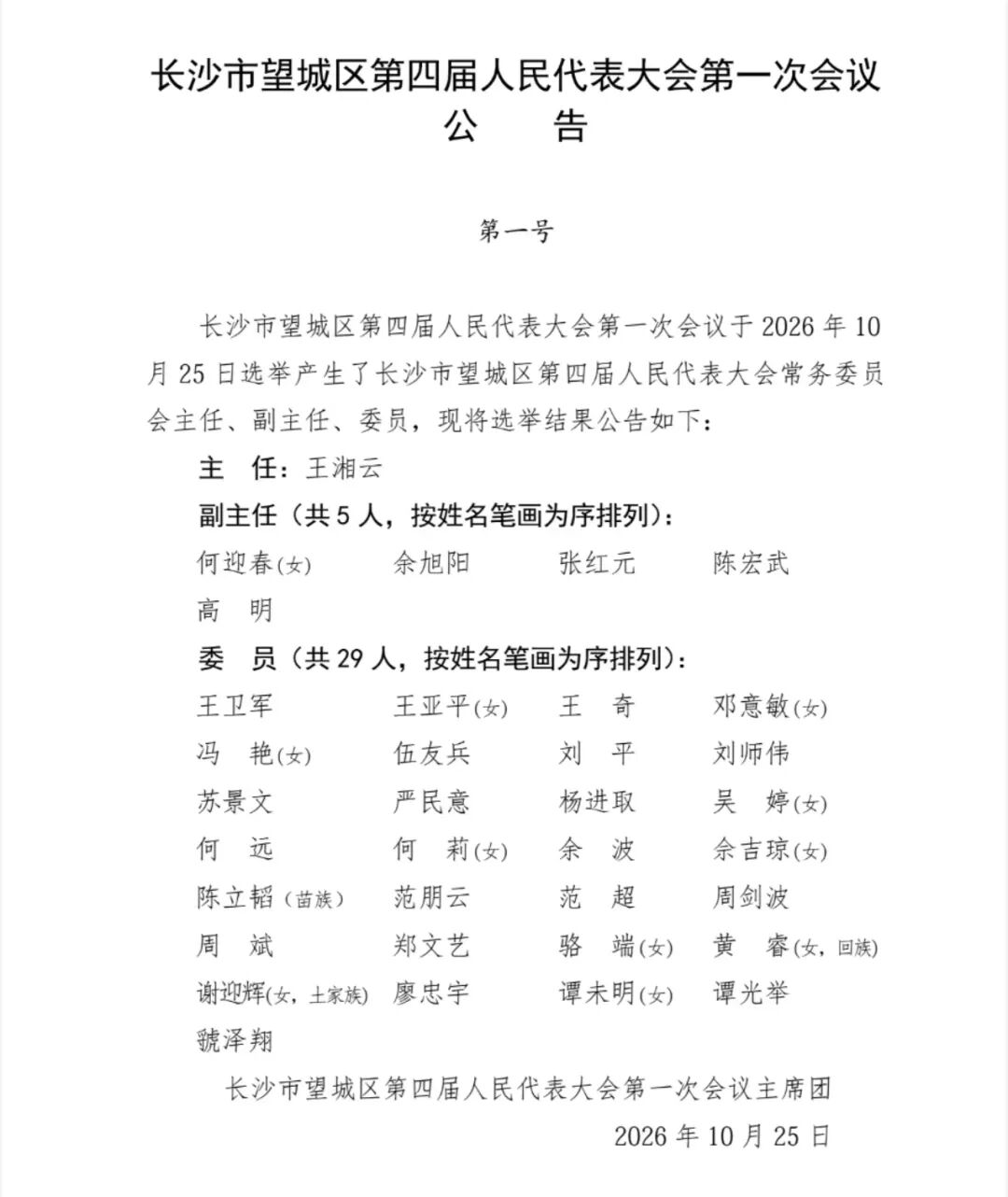 王湘云当选为望城区人大常委会主任，蒋砺当选为望城区区长