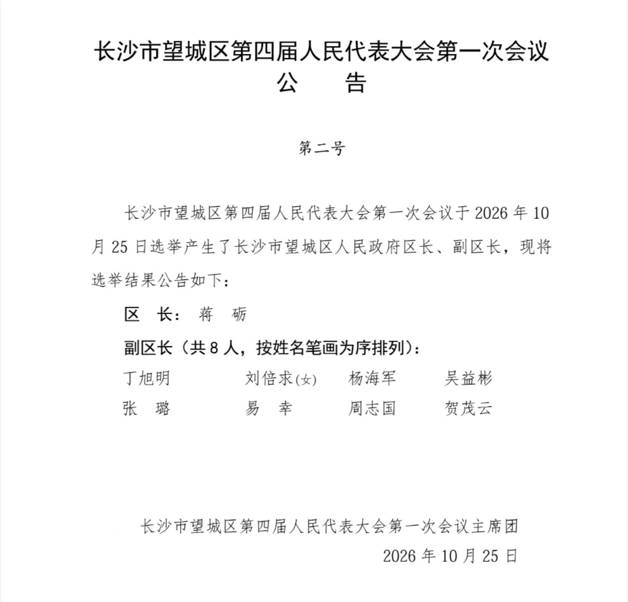 王湘云当选为望城区人大常委会主任，蒋砺当选为望城区区长