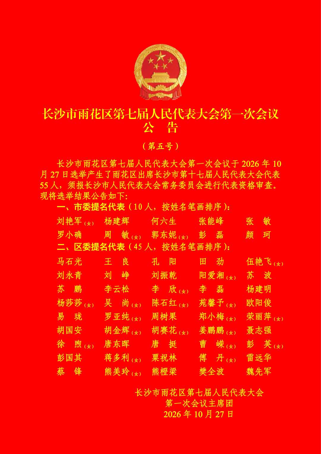 伍艳飞当选为雨花区人大常委会主任,李磊当选为雨花区人民政府区长