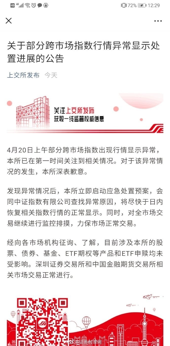 上交所就今早部分跨市场指数行情显示异常致歉