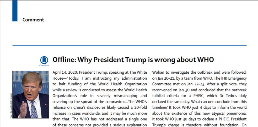 权威期刊《柳叶刀》发文：特朗普停止资助世卫组织是反人类罪行！