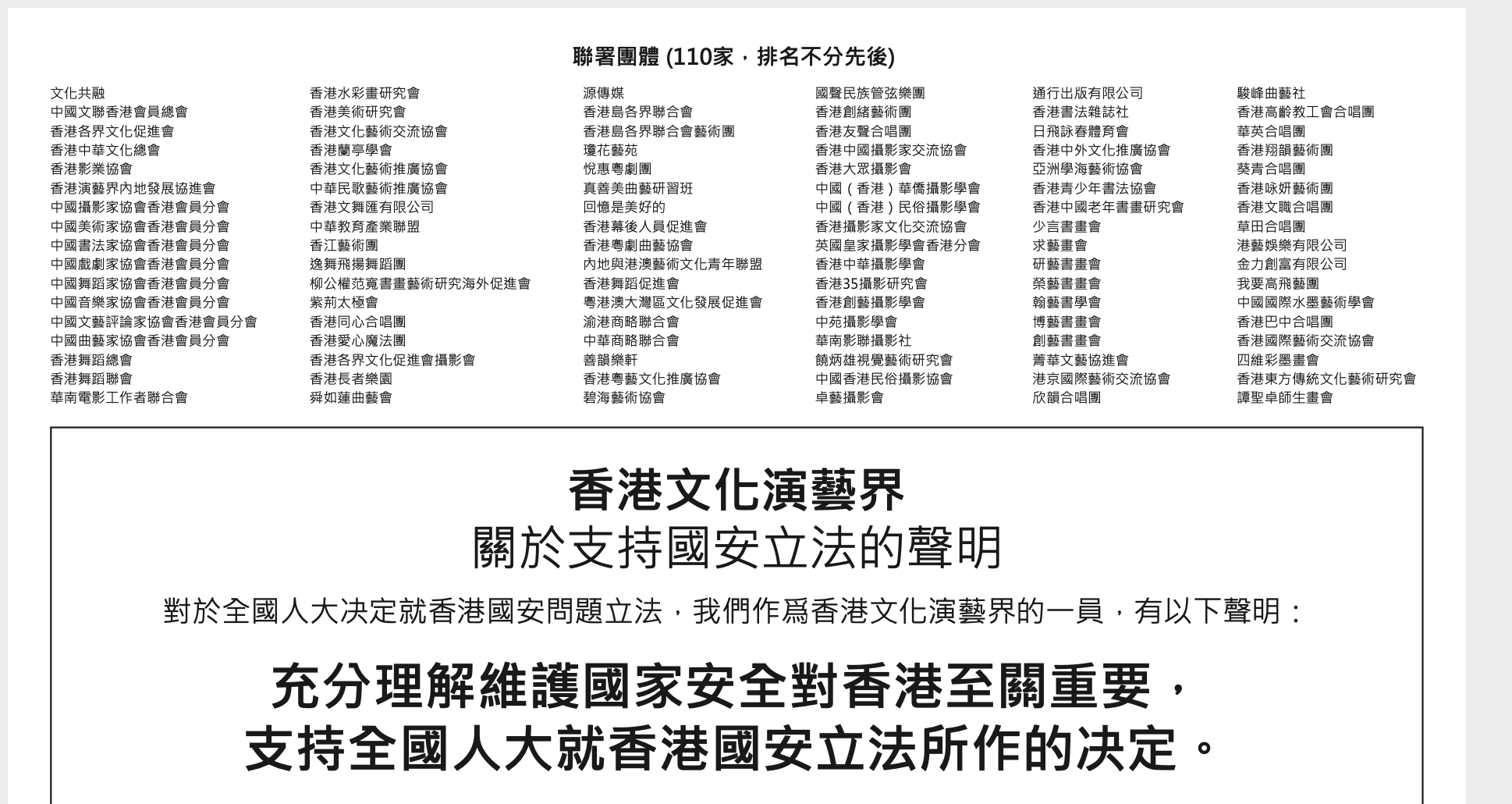 香港文艺界2600多名人士及110个团体联署支持国安立法