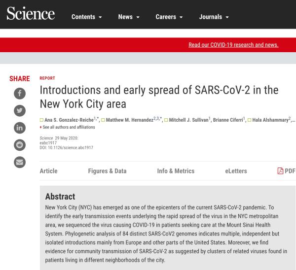 《科学》刊发美国研究：纽约新冠病毒主要由欧洲和美洲引入