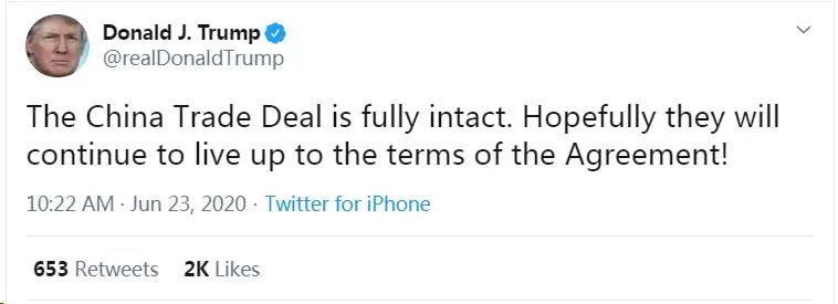 中美经贸协议已终结?美领导人发推：“协议完好无损!”