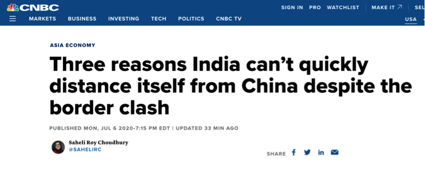 美媒数据分析印度经济“脱钩”中国 难!