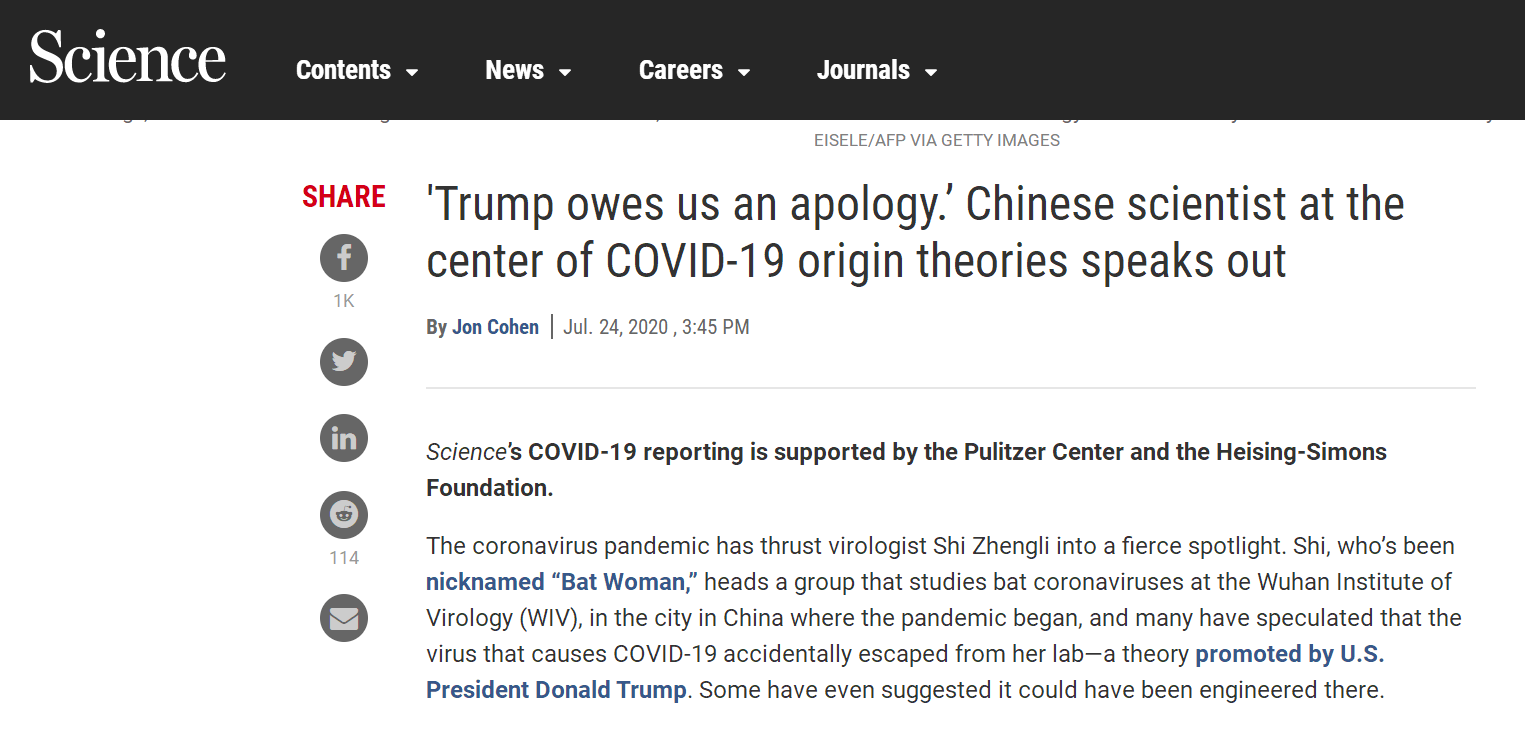 石正丽接受《科学》杂志专访：“特朗普欠我们一个道歉”