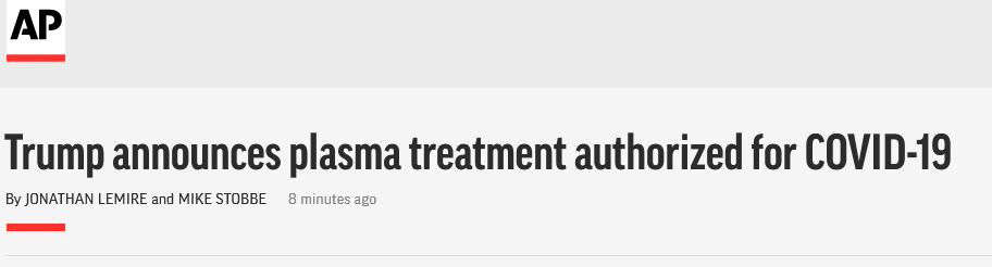 特朗普公布抗击疫情“重大突破”：紧急授权使用血浆治疗新冠