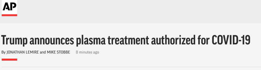 特朗普紧急授权血浆疗法治新冠，自称“重大突破”