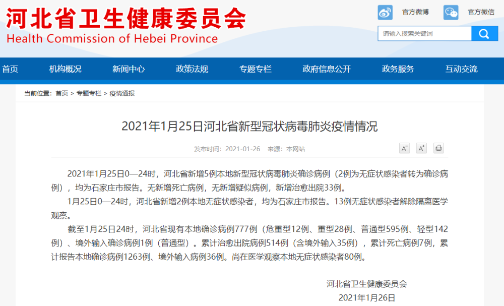 2021年1月26日河北省卫生健康委员会截至1月25日24时,河北省现有本地