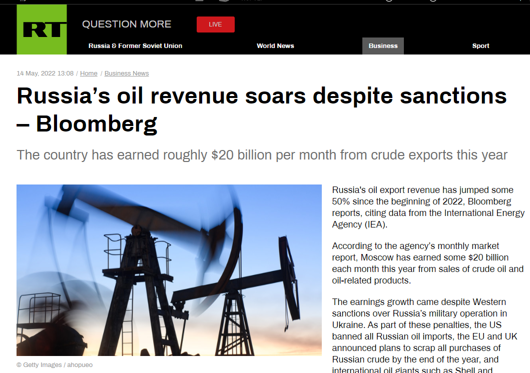 俄媒：制裁之下 俄石油出口收入仍在增长